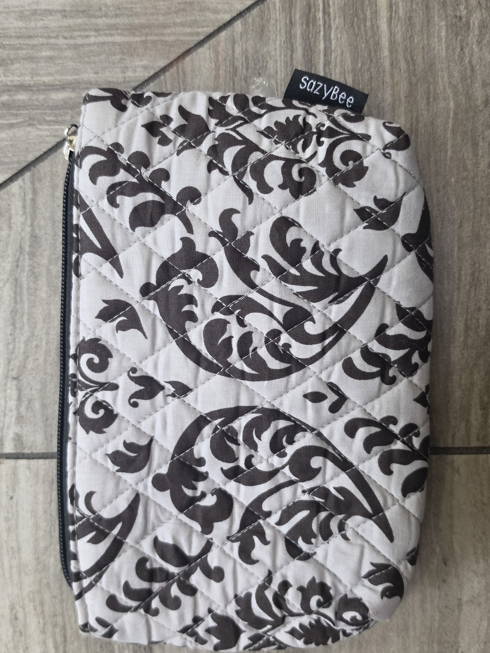 Quilted Cosmetic Bag in Cream and Brown Scroll Print